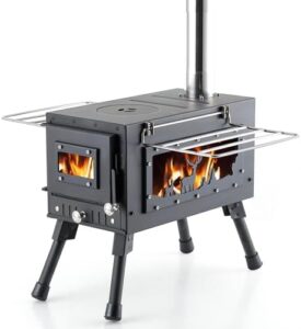 Here is the output:

"Portable wood burning stove for camping and outdoor adventures. Perfect for cooking and heating in tents or shelters. Compact design with chimney pipe included."