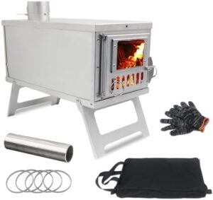 Here is the generated SEO meta description:

"Stay warm and cozy on your outdoor adventures with this portable camping wood stove featuring stainless steel construction, folding pipe, and chimney pipes for tents. Perfect for hot tent heating and outdoor cooking."

Please let me know if you need any further assistance!