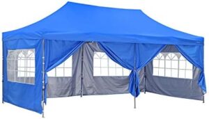 "Transform your outdoor events with this 10x20 ft pop-up wedding canopy tent featuring removable sidewalls and windows. Ideal for blue-themed celebrations, this gazebo stands tall at 8.2 ft."