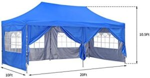 "Transform your outdoor events with this 10x20 ft pop-up wedding canopy tent featuring removable sidewalls and windows. Ideal for blue-themed celebrations, this gazebo stands tall at 8.2 ft."