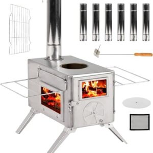 Here is the optimized SEO meta description:

"Cook warm meals anywhere with this portable wood tent stove heater featuring stainless steel construction and chimney pipes. Perfect for camping, outdoor cooking, or indoor heating."