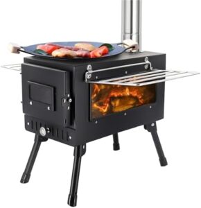 Here is the optimized SEO meta description:

"Stay warm and cook outdoors with this portable camping stove featuring a chimney pipe for safe use. Perfect for backpacking, BBQ, hiking, or picnics, this stove keeps you cozy on any adventure."