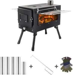 Here is the optimized SEO meta description:

"Stay warm and cook outdoors with this portable camping stove featuring a chimney pipe for safe use. Perfect for backpacking, BBQ, hiking, or picnics, this stove keeps you cozy on any adventure."