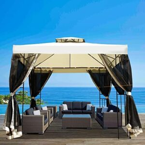 Enjoy your outdoor events with the Tinkle Well 10x10FT Gazebo Canopy featuring double roofs and high-strength steel structure. Perfect for parties, weddings, and BBQs, this beige canopy tent provides ample space and mosquito netting protection.