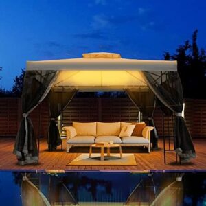Enjoy your outdoor events with the Tinkle Well 10x10FT Gazebo Canopy featuring double roofs and high-strength steel structure. Perfect for parties, weddings, and BBQs, this beige canopy tent provides ample space and mosquito netting protection.