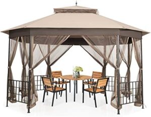 Elevate your outdoor gatherings with the Tangkula 10x12 Ft Patio Gazebo, featuring a heavy-duty steel frame, octagonal canopy, and netting sidewalls for a spacious and ventilated shelter. Perfect for backyard events and BBQs!