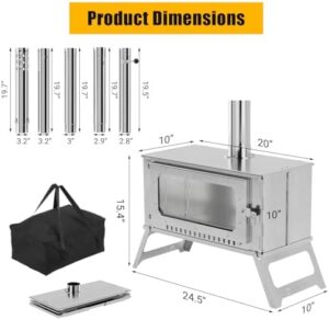 Discover the ultimate camping companion - Large Portable Wood Stove with 5 chimney pipes & carrying bag. Perfect for BBQ, heating, boiling water and cooking on outdoor adventures!