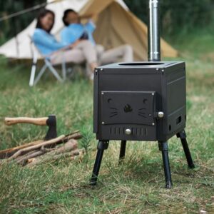 Portable wood burning stove for camping, picnics, or backyard cooking. Compact design with chimney pipe for safe use. Perfect for heating and cooking on-the-go.