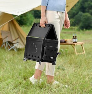 Portable wood burning stove for camping, picnics, or backyard cooking. Compact design with chimney pipe for safe use. Perfect for heating and cooking on-the-go.