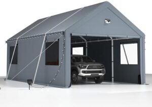 "Protect your vehicle or boat with the 10x20FT Heavy Duty Carport Canopy, featuring roll-up windows and all-season tarp cover. Perfect for car, SUV, boat, or truck shelter, this extra large portable tent garage offers removable roof and side walls."