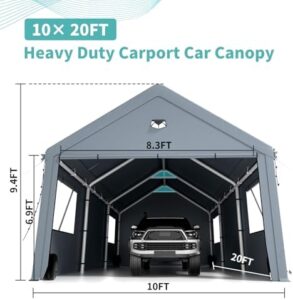 "Protect your vehicle or boat with the 10x20FT Heavy Duty Carport Canopy, featuring roll-up windows and all-season tarp cover. Perfect for car, SUV, boat, or truck shelter, this extra large portable tent garage offers removable roof and side walls."