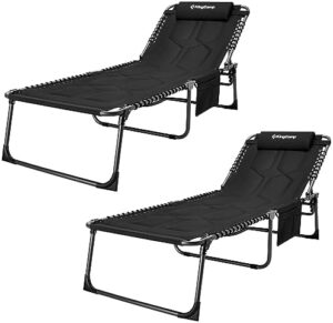 Relax in style outdoors with KingCamp's oversized folding chaise lounge chairs. Padded and adjustable for comfort, supporting up to 330lb. Perfect for patio, beach, or poolside lounging.