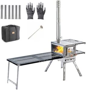 Here is the optimized SEO meta description:

"Portable wood burning stove with oven and camping table for outdoor adventures. Compact design perfect for camping, hiking, fishing, or backpacking. Ideal for BBQs and tents."