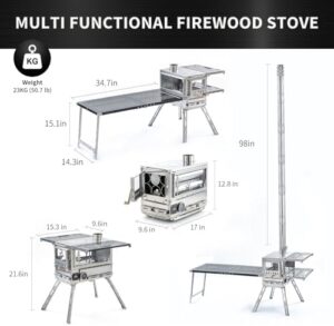 Here is the optimized SEO meta description:

"Portable wood burning stove with oven and camping table for outdoor adventures. Compact design perfect for camping, hiking, fishing, or backpacking. Ideal for BBQs and tents."