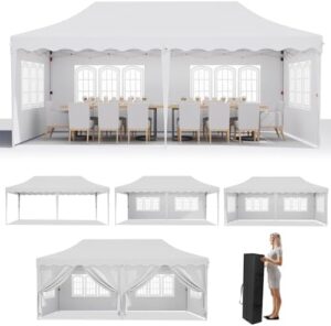 Protect your outdoor events with the Mamizo pop-up canopy tent featuring 6 sidewalls and adjustable height. Perfect for weddings and parties, this heavy-duty gazebo provides instant sun protection and includes a wheeled bag for easy transport.