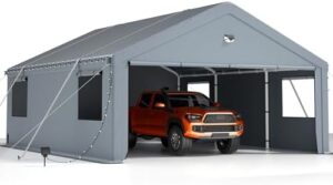 Maximize outdoor protection with the 13x25FT Heavy Duty Carport Canopy, featuring roll-up windows and all-season tarp cover. Perfect for cars, SUVs, boats, and trucks with removable roof and side walls.