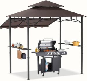 Here is the optimized meta description:

"Transform your outdoor gatherings with this spacious BBQ grill gazebo featuring double tired patio canopy and side awning shelves. Includes 14 hooks and a bottle opener for ultimate convenience."