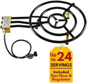 Here is the generated SEO meta description:

"Boil up a storm with this 24-inch triple ring propane burner and stand set, perfect for camping or outdoor cooking. Compact design and regulator included."