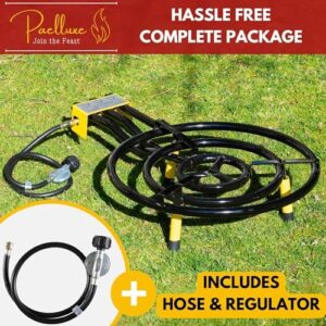 Here is the generated SEO meta description:

"Boil up a storm with this 24-inch triple ring propane burner and stand set, perfect for camping or outdoor cooking. Compact design and regulator included."