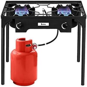 Here is the generated SEO meta description:

"Perfect camping companion: double burner propane stove with adjustable regulator and steel braided hose. Ideal for home brewing and cooking on-the-go."