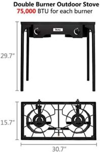 Here is the generated SEO meta description:

"Perfect camping companion: double burner propane stove with adjustable regulator and steel braided hose. Ideal for home brewing and cooking on-the-go."