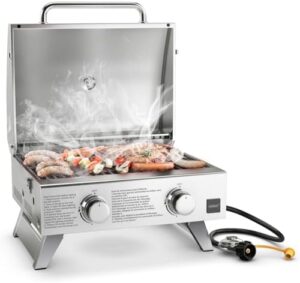 Here is the meta description:

"Experience outdoor cooking freedom with HAPPYGRILL's 2-Burner Portable Gas Grill, featuring 20,000 BTU power, stainless steel construction and foldable legs. Save big on this propane grill, perfect for camping, hiking and picnics!"