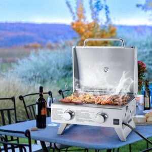 Here is the meta description:

"Experience outdoor cooking freedom with HAPPYGRILL's 2-Burner Portable Gas Grill, featuring 20,000 BTU power, stainless steel construction and foldable legs. Save big on this propane grill, perfect for camping, hiking and picnics!"