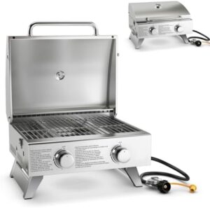 Here is the optimized meta description:

"Upgrade your outdoor cooking with Giantex's portable gas grill featuring 2 burners, max 20,000 BTU, folding legs and thermometer. Perfect for camping, picnics, RVs or BBQs - enjoy discounts and savings on this stainless steel tabletop grill!"