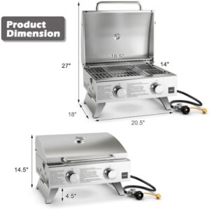 Here is the optimized meta description:

"Upgrade your outdoor cooking with Giantex's portable gas grill featuring 2 burners, max 20,000 BTU, folding legs and thermometer. Perfect for camping, picnics, RVs or BBQs - enjoy discounts and savings on this stainless steel tabletop grill!"