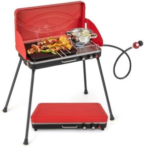 Boost outdoor cooking with Giantex's portable propane grill & camping stove. 20,000 BTU burner with independent temperature control and 3-sided wind guard for perfect results. Red color and detachable legs for easy setup and transport. Perfect for BBQs, tailgating, and camping adventures!