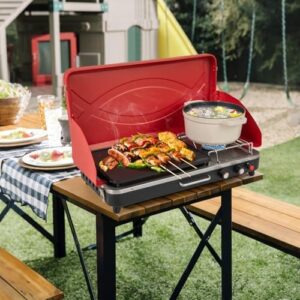 Boost outdoor cooking with Giantex's portable propane grill & camping stove. 20,000 BTU burner with independent temperature control and 3-sided wind guard for perfect results. Red color and detachable legs for easy setup and transport. Perfect for BBQs, tailgating, and camping adventures!