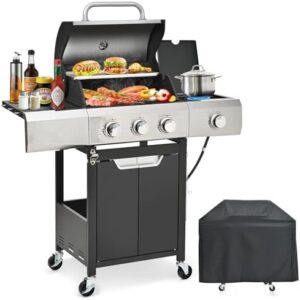 Here is the optimized SEO meta description:

"Compact outdoor cooking with 3-Burner Propane Gas BBQ Grill featuring a side burner, rain cover design and stainless steel construction. Perfect for camping, backyard grilling or outdoor entertaining."