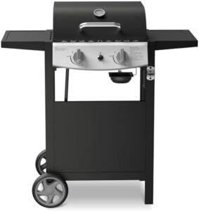 Enhance your outdoor cooking experience with this 21000 BTU propane gas grill featuring 2 burners, 325 sq.in cooking surface and top cover lid. Includes wheels, side storage shelves and barbeque stove for patio, garden or camping use, perfect black BBQ grill.