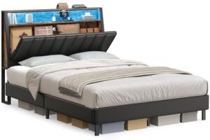 Discover the VASAGLE LED Bed Frame with storage headboard and charging station. Includes 2 AC outlets, 1 USB port, and 1 Type-C port, perfect for bedside essentials. No box spring needed!