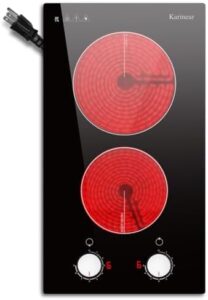 Upgrade your cooking experience with Karinear's electric cooktop featuring 2 burners, 12-inch knob control, and 9 heating levels. Enjoy hot warning and over-temperature protection for safe use.