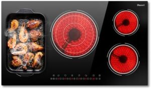 "Upgrade your kitchen with this powerful 36-inch electric cooktop featuring 5 burners and a flexible cooking zone. Boasts a robust 9600W output, timer, and safety lock for added convenience."