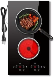 Here is the optimized SEO meta description:

"Upgrade your cooking experience with this 2 burner electric cooktop featuring touch controls, timer, and child lock. 2000W power with radiant plug-in design for safe and convenient use."