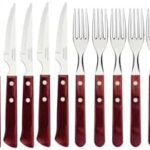 Savor the art of dining with Tramontina's Churrasco Premium Steak Knife Fork Set, 12 pieces featuring elegant red wooden handles and a perfect blend of quality and style.
