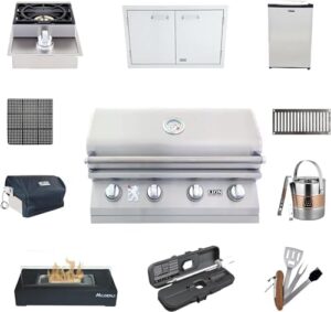 "Upgrade your outdoor cooking experience with the Lion Premium Grills BBQ Gas Grill Bundle, featuring a 32-inch grill, single side burner, double access doors, and a spacious refrigerator. Includes rotisserie basket, rubber mat, and more."