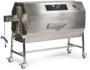 Discover the ultimate BBQ experience with Ash & Ember's 25W Stainless Steel Rotisserie Grill, rated for medium game. Features a hood with viewing window, dual prongs, and spine fork. Perfect for outdoor roasting!