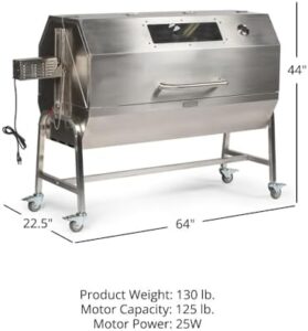 Discover the ultimate BBQ experience with Ash & Ember's 25W Stainless Steel Rotisserie Grill, rated for medium game. Features a hood with viewing window, dual prongs, and spine fork. Perfect for outdoor roasting!