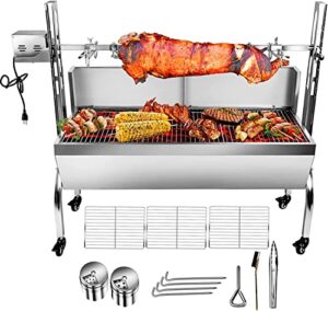 Get sizzling results with this 48.7in Electric Rotisserie Grill, featuring a powerful motor and wind baffle for perfect roasting of pigs, chicken, lamb, or your favorite meats!