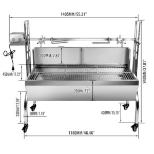 Get sizzling results with this 48.7in Electric Rotisserie Grill, featuring a powerful motor and wind baffle for perfect roasting of pigs, chicken, lamb, or your favorite meats!