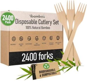 Discover the eco-friendly 100% bamboo forks set, perfect for compostable and reusable use at weddings, camping trips, or parties. Enjoy bulk packaging with 2400 utensils and FSC certification for a sustainable choice.