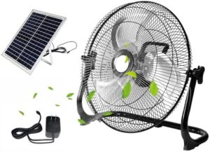Boost outdoor comfort with this portable solar rechargeable floor fan featuring a 14" battery operated fan and 20000mAh capacity for up to 8 hours of use. Perfect for camping, BBQs, fishing trips, or travel.