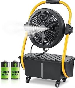 Here is the output:

"Stay cool outdoors with Geek Aire's battery operated misting fan, featuring 30000mAh rechargeable power and 2.9 gal water tank for up to 12 hours of use, perfect for camping trips or patio gatherings."