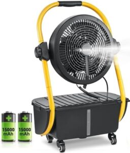Staying cool and refreshed outdoors with Geek Aire's battery operated misting fan, featuring 2.9 Gal water tank and long-lasting rechargeable power. Perfect for patio, garden, or camping adventures.