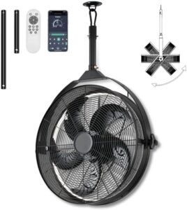 Elevate your outdoor space with this hanging ceiling fan featuring hook remote and APP control, dimmable light, and plug-in cord perfect for pergolas, patios, and gazebos, in sleek BLACK design.