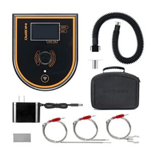 Control your BBQ temperature with the Inkbird WiFi & Bluetooth BBQ Temperature Controller ISC-007BW Kit, featuring 3 probes and a storage carrying case. Perfect for Big Green Egg, Kamado, WSM, Kettle, and Akorn smokers.