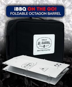 "Transform your outdoor cooking experience with EL BARRIL's 15lbs Stainless Steel Foldable Charcoal Smoker & Grill Barrel, featuring portable design and grilling accessories for a delicious meal."